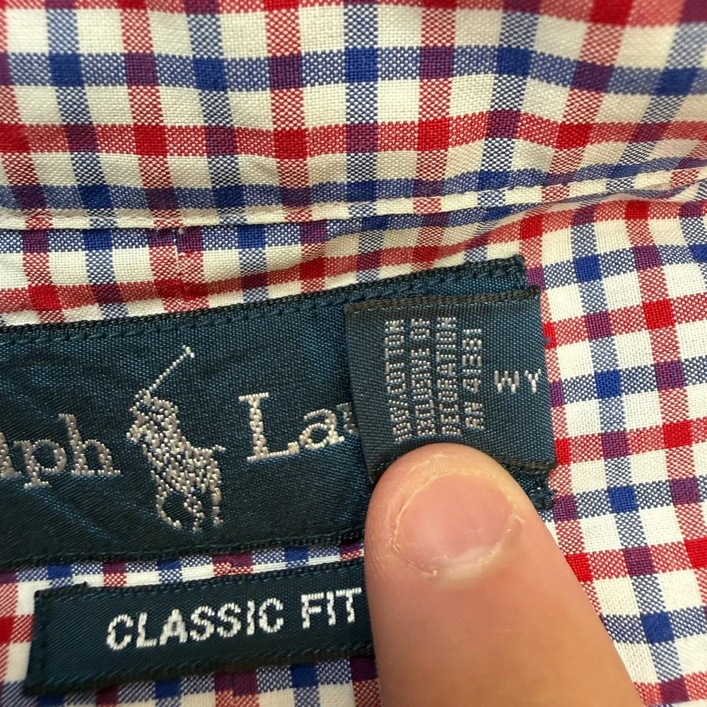 VTG Polo Ralph Lauren Shirt Mens Large Red White Blue Check Cotton Poplin Preppy